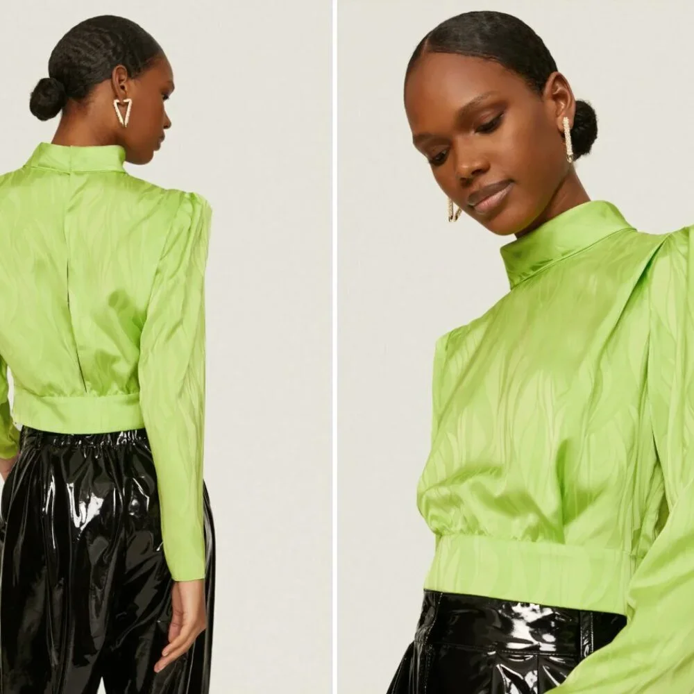 Ronny Kobo Midler Top Green Satin Long Sleeve Pleated Shoulder Women's Size 4 - Picture 2 of 7